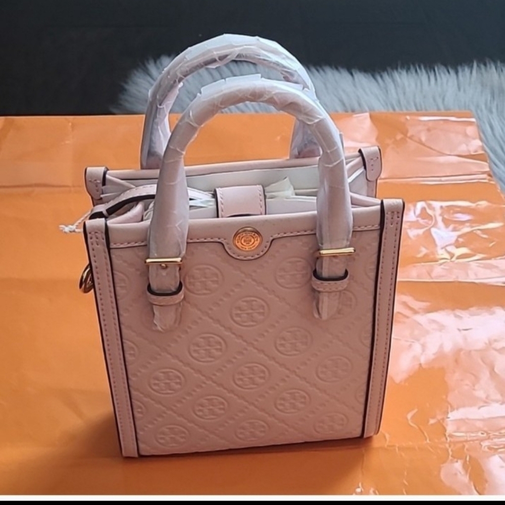 Nwt! Tory Burch Mini T Monogram Leather Tote/ Crosdbody Bag In Blush - Picture 1 of 6